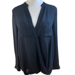 Anthropologie Maeve Navy LS Blouse Professional V-Neck Faux Wrap Flowy, size 2